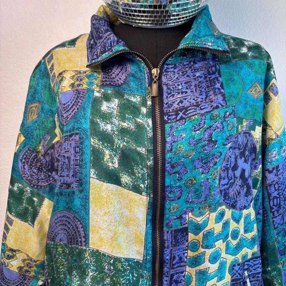 Vintage 80s 100% Silk Abstract Geometric Bomber Jacket Basic Editions Teal Large